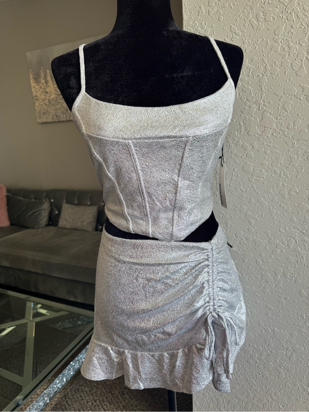 Discovery Metallic Silver Ruched Ruffle Mini Skirt